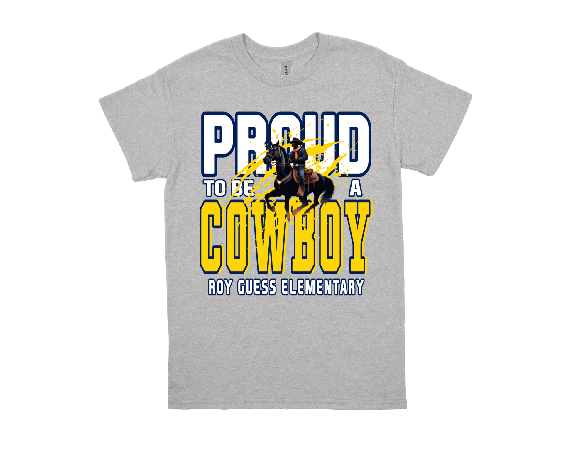 Roy Guess Proud to be a Cowboy gray school spirit t-shirt with cowboy graphic