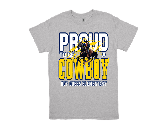 Roy Guess Proud to be a Cowboy gray school spirit t-shirt with cowboy graphic