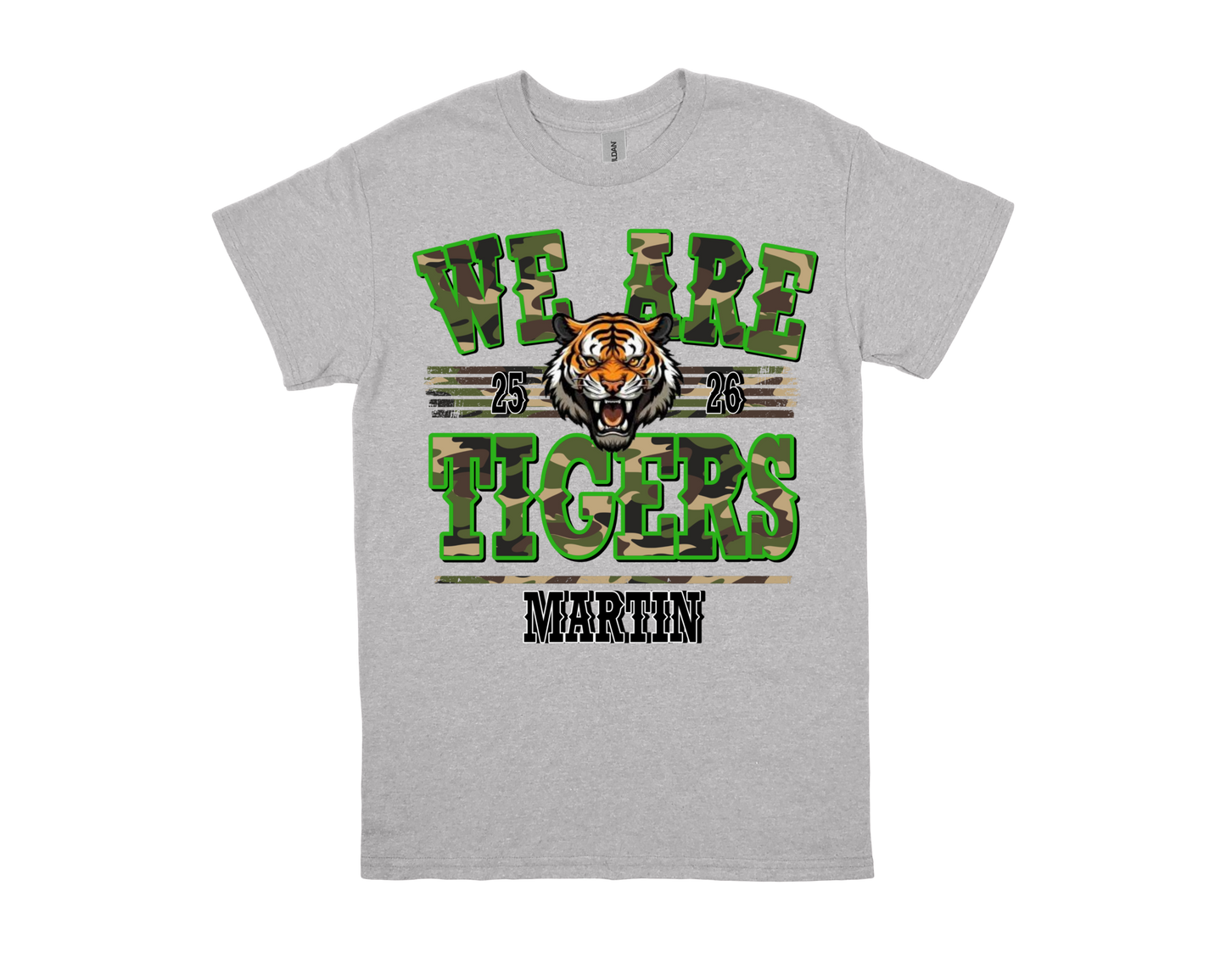 Gray Martin-WE ARE TIGERS spirit shirt with green camouflage text and tiger graphic