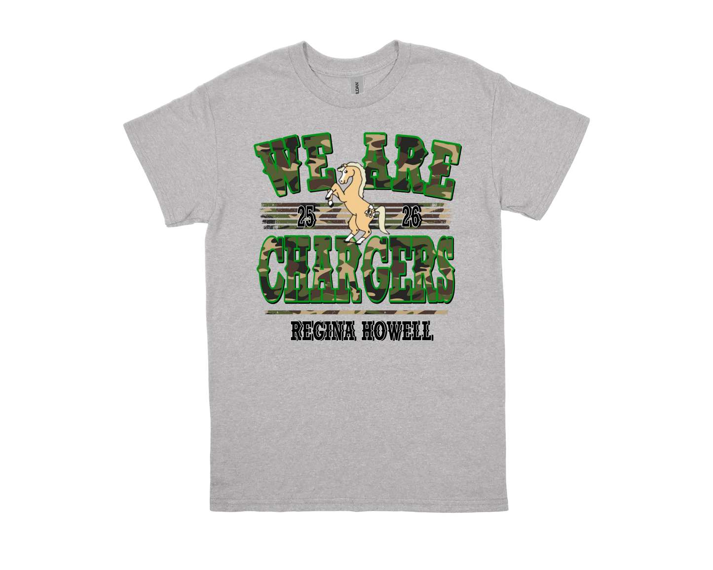Regina Howell-WE ARE CHARGERS gray school spirit t-shirt with camo text and mascot design