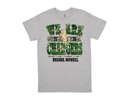 Regina Howell-WE ARE CHARGERS gray school spirit t-shirt with camo text and mascot design
