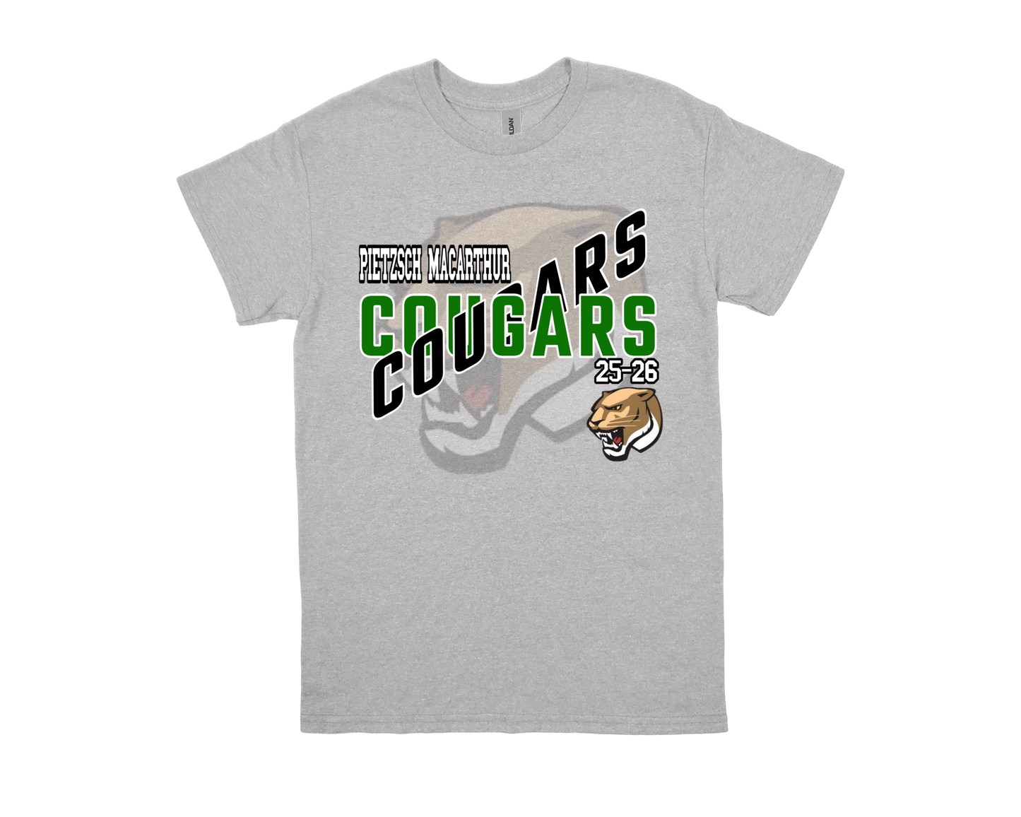 Pietzsch MacArthur-COUGARS gray school spirit t-shirt with green and black lettering and cougar graphic