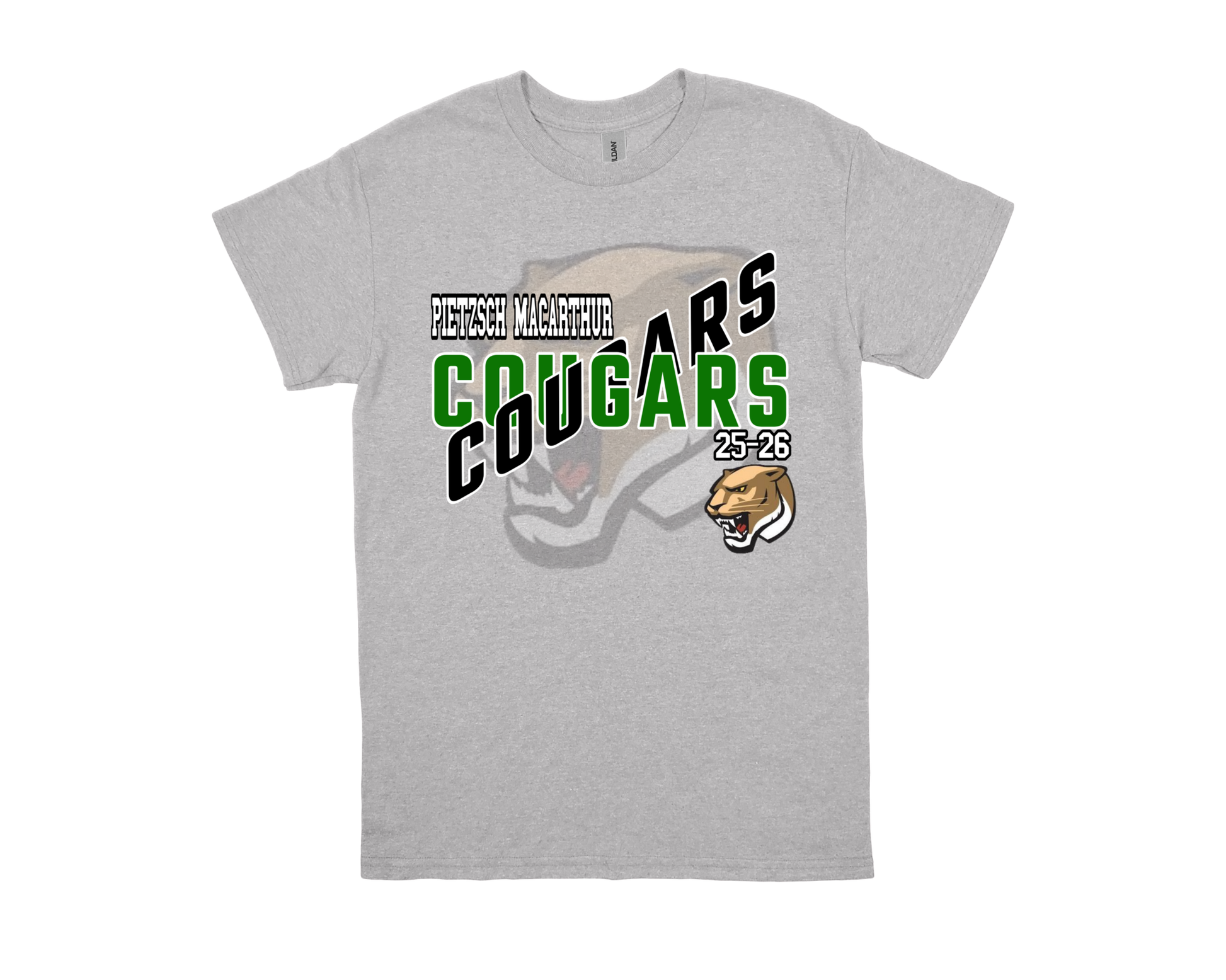 Pietzsch MacArthur-COUGARS gray school spirit t-shirt with green and black lettering and cougar graphic