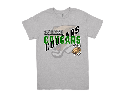 Pietzsch MacArthur-COUGARS gray school spirit t-shirt with green and black lettering and cougar graphic