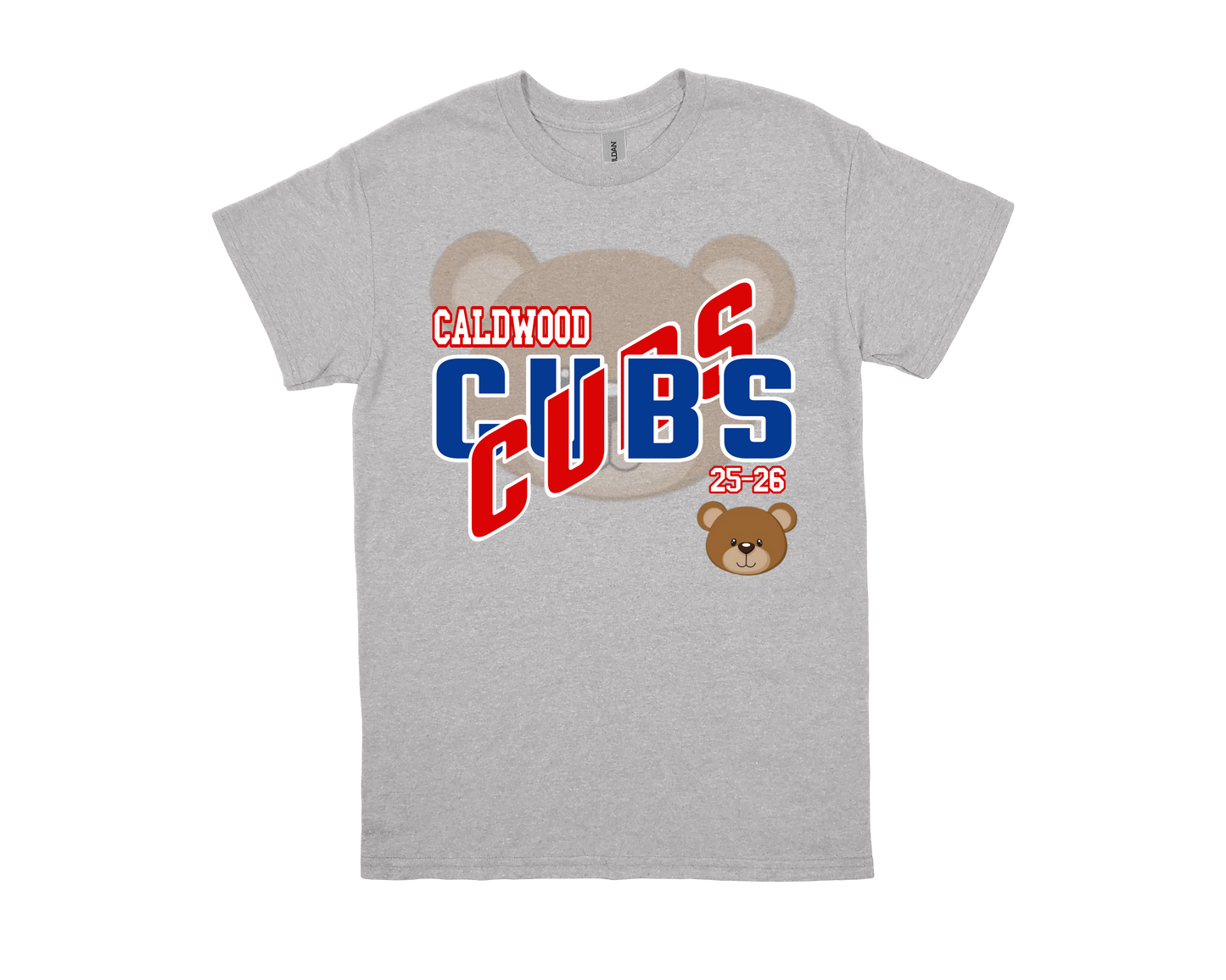Caldwood-CUBS gray school spirit t-shirt with bear design and bold team logo