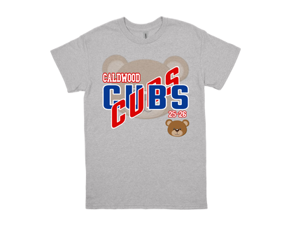 Caldwood-CUBS gray school spirit t-shirt with bear design and bold team logo