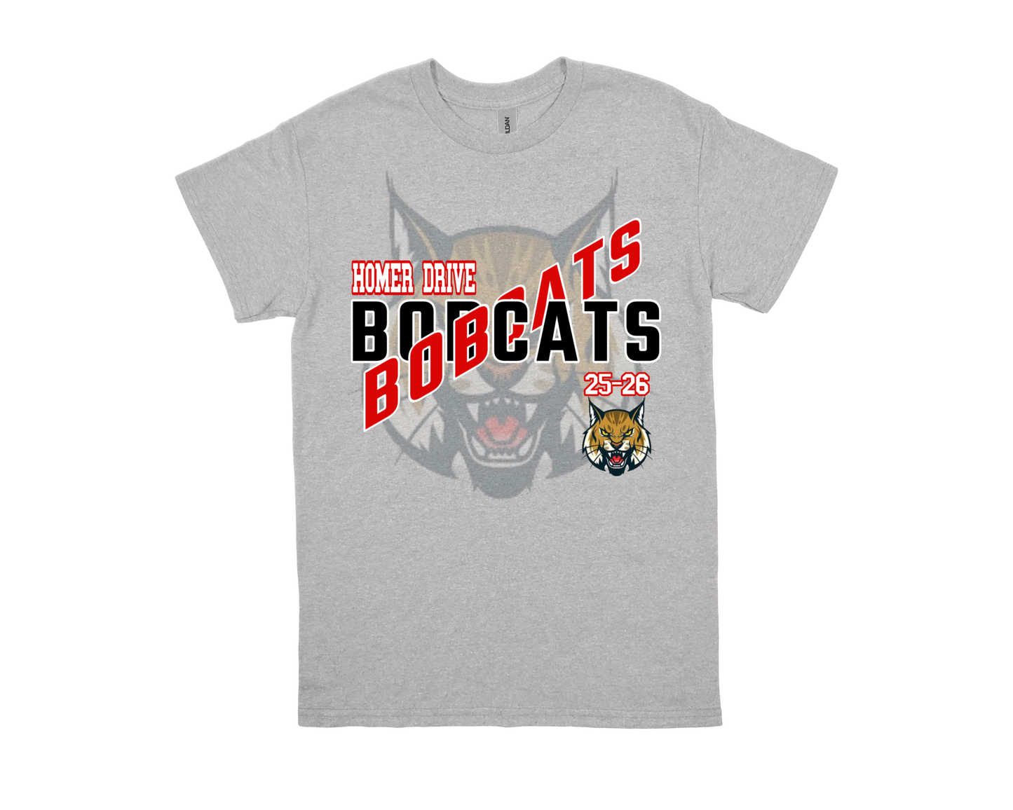 Homer Drive-BOBCATS grey school spirit shirt with bold Bobcats logo and mascot design