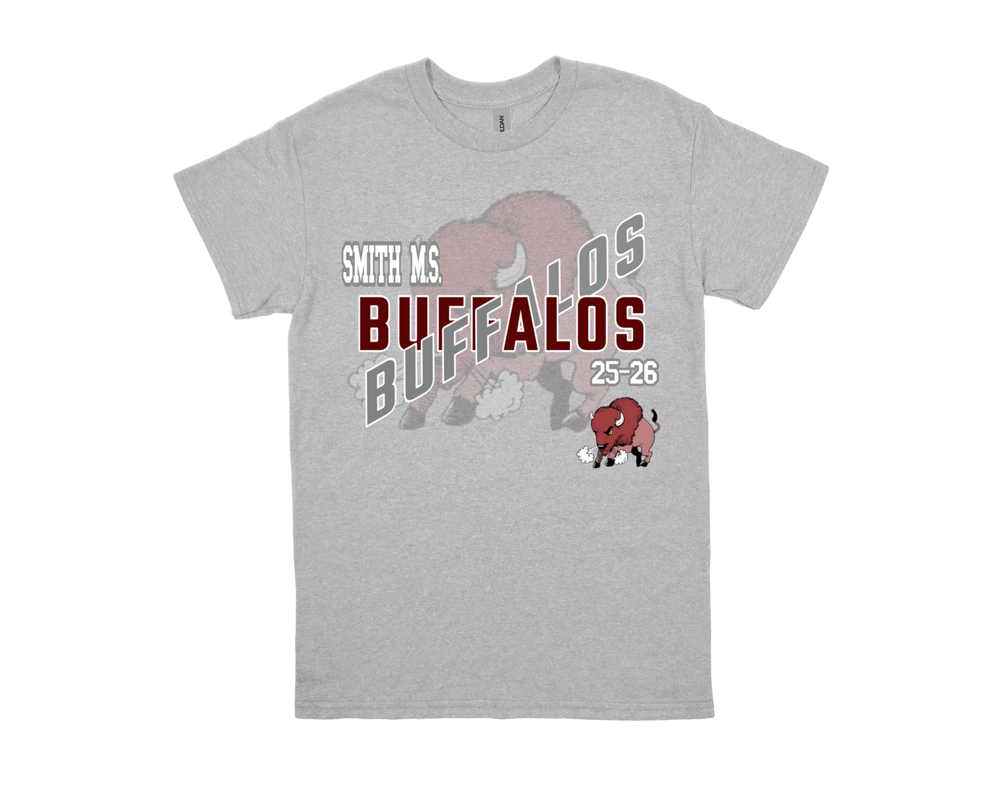 Smith M.S.-BUFFALOS gray school spirit t-shirt with buffalo mascot and bold graphics