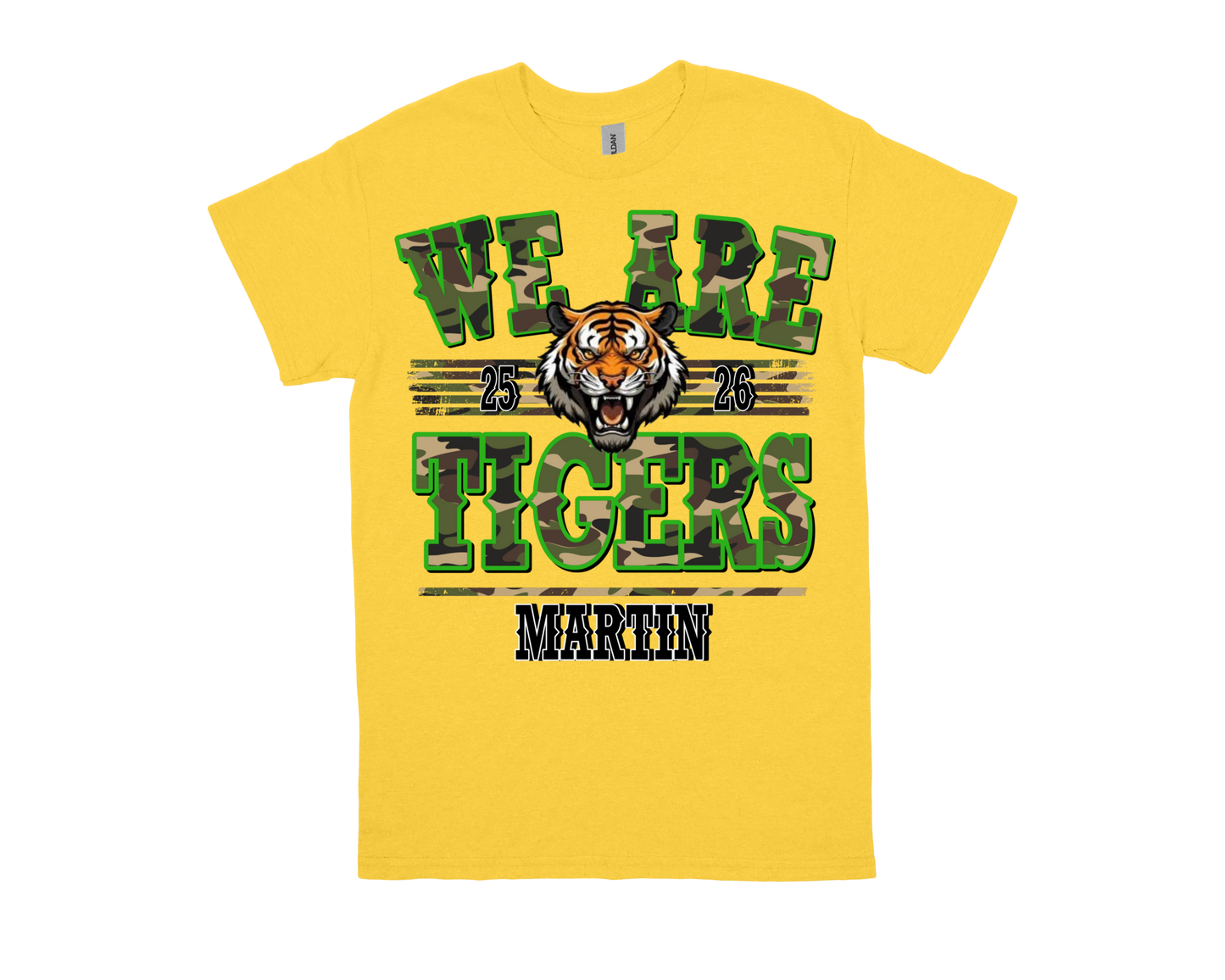 Yellow Martin-WE ARE TIGERS spirit shirt with green and camouflage text and tiger graphic