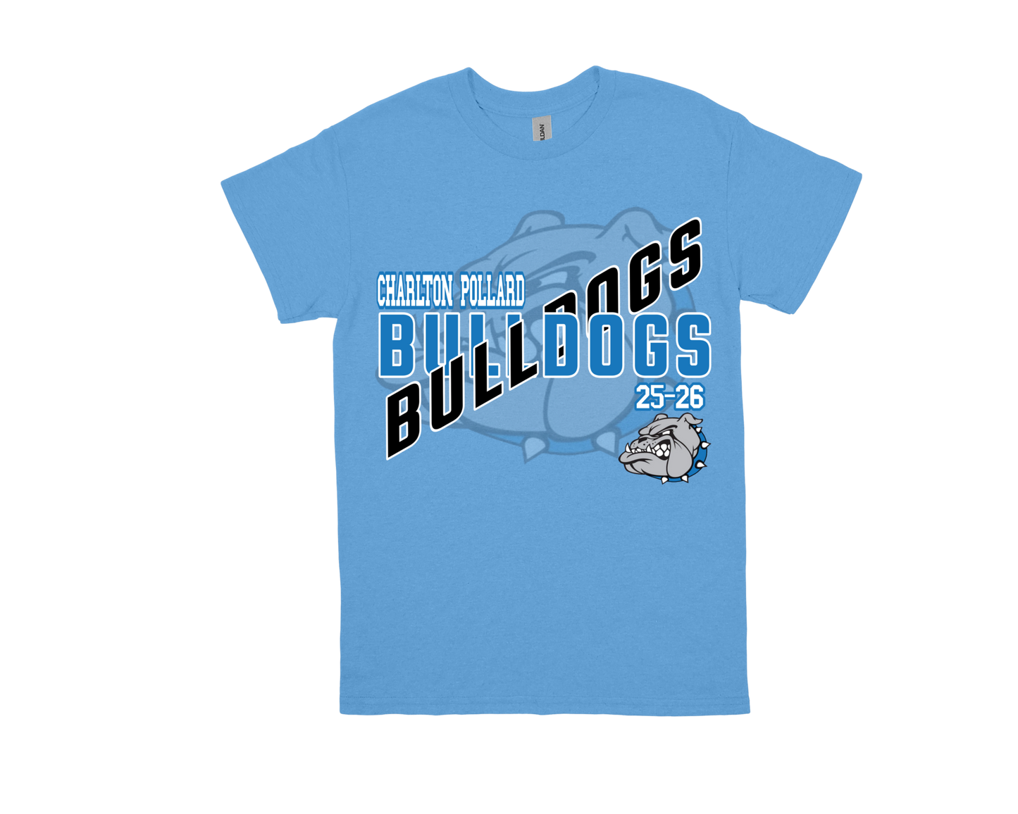 Charlton Pollard Bulldogs blue t-shirt with mascot and school spirit design