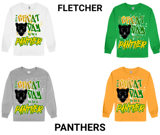 Four long sleeve shirts in white, green, gray, and orange colors with "It's a great day to be a Panther" text and a black panther graphic on the front.
