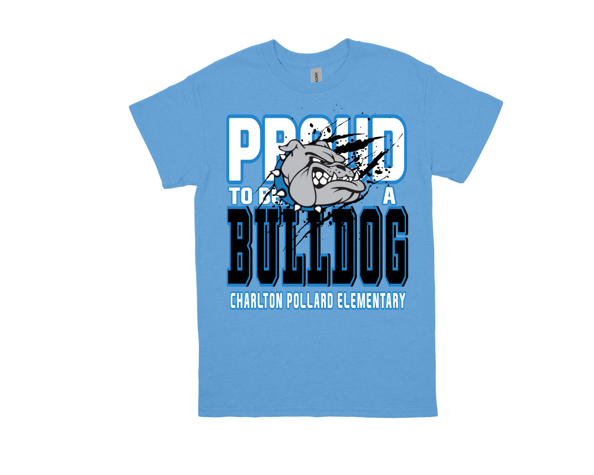 Charlton Pollard PROUD TO BE A BULLDOG blue school spirit T-shirt with bulldog mascot design