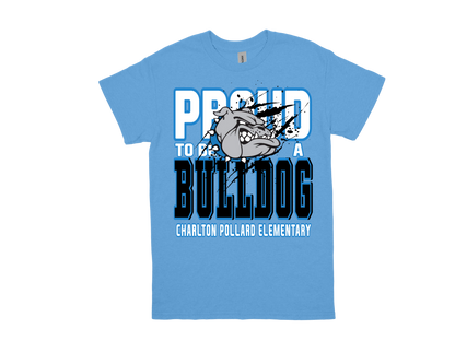 Charlton Pollard PROUD TO BE A BULLDOG blue school spirit T-shirt with bulldog mascot design