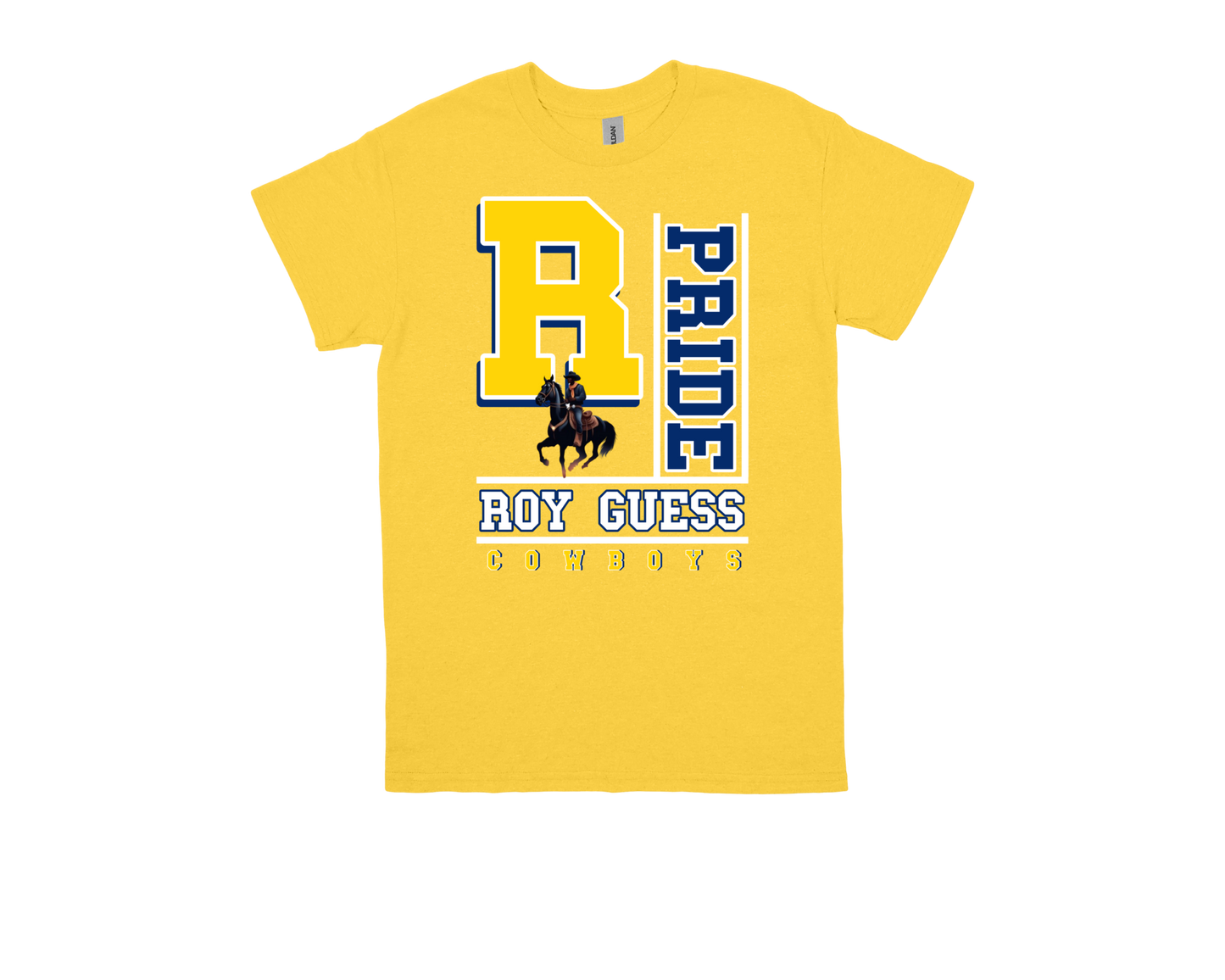 Yellow Roy Guess- PRIDE spirit shirt with cowboy and bold text design