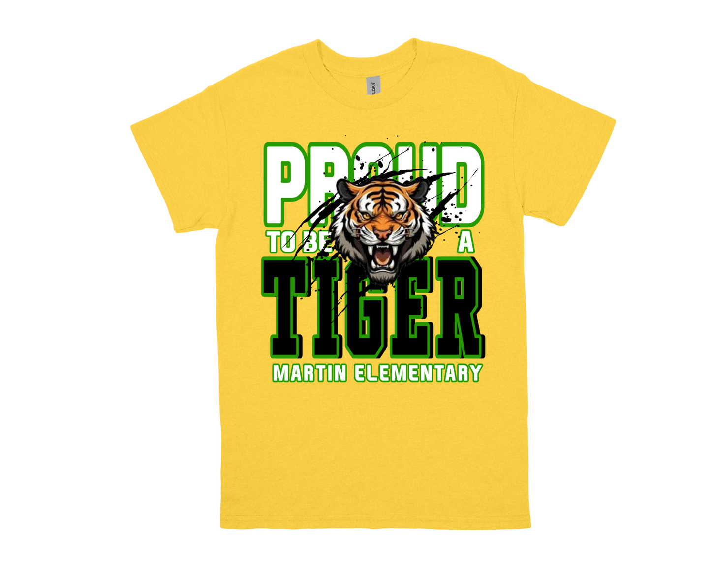 Yellow Martin-PROUD TO BE A TIGER t-shirt with bold tiger graphic and school pride text