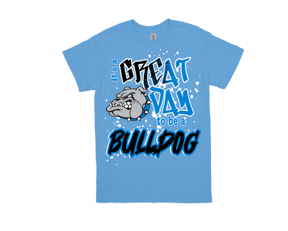 Charlton Pollard light blue t-shirt with "It's a GREAT DAY to be a BULLDOG" and bulldog graphic design