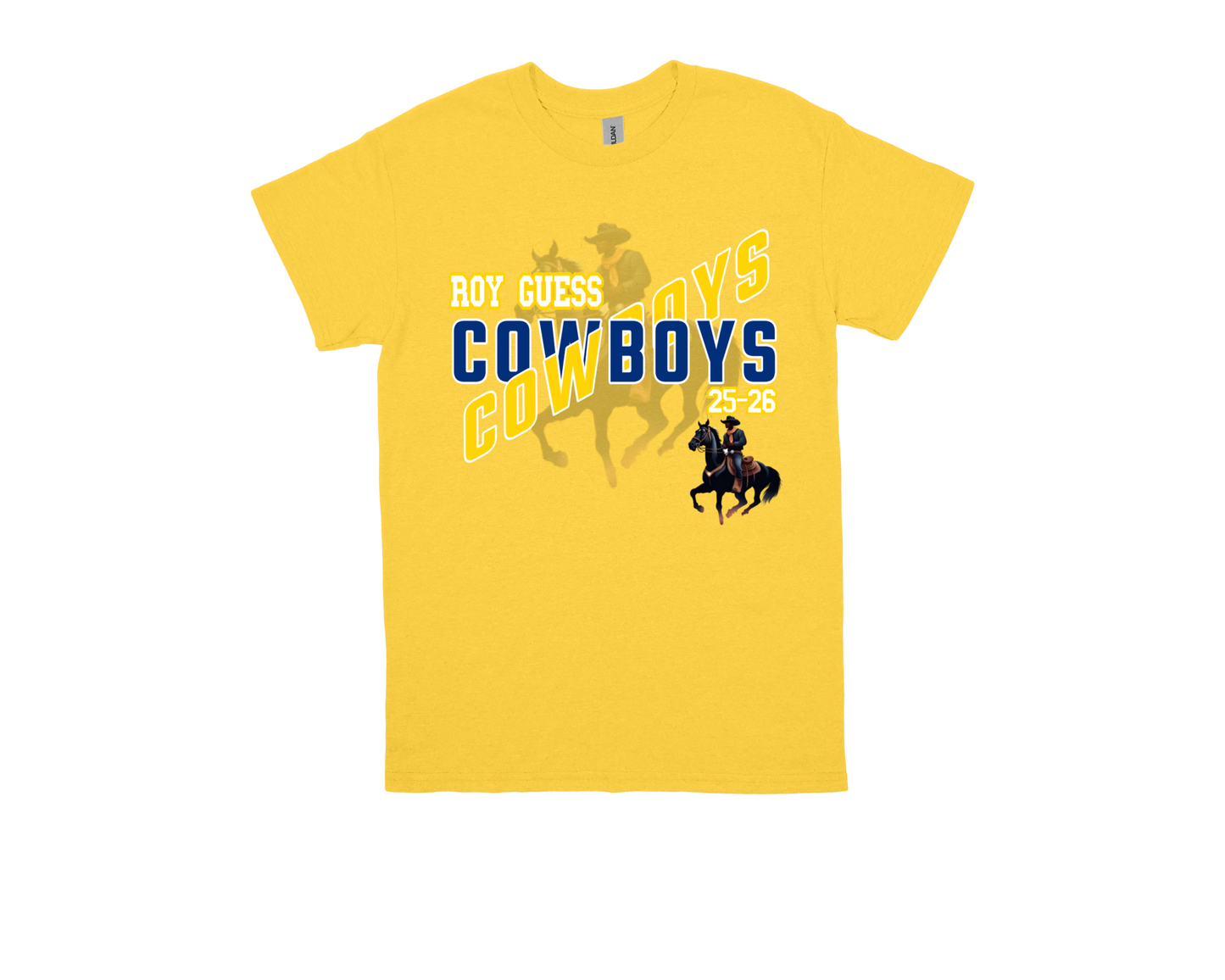 Yellow Roy Guess-COWBOY spirit shirt with cowboy and horse graphic design