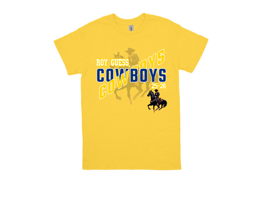Yellow Roy Guess-COWBOY spirit shirt with cowboy and horse graphic design