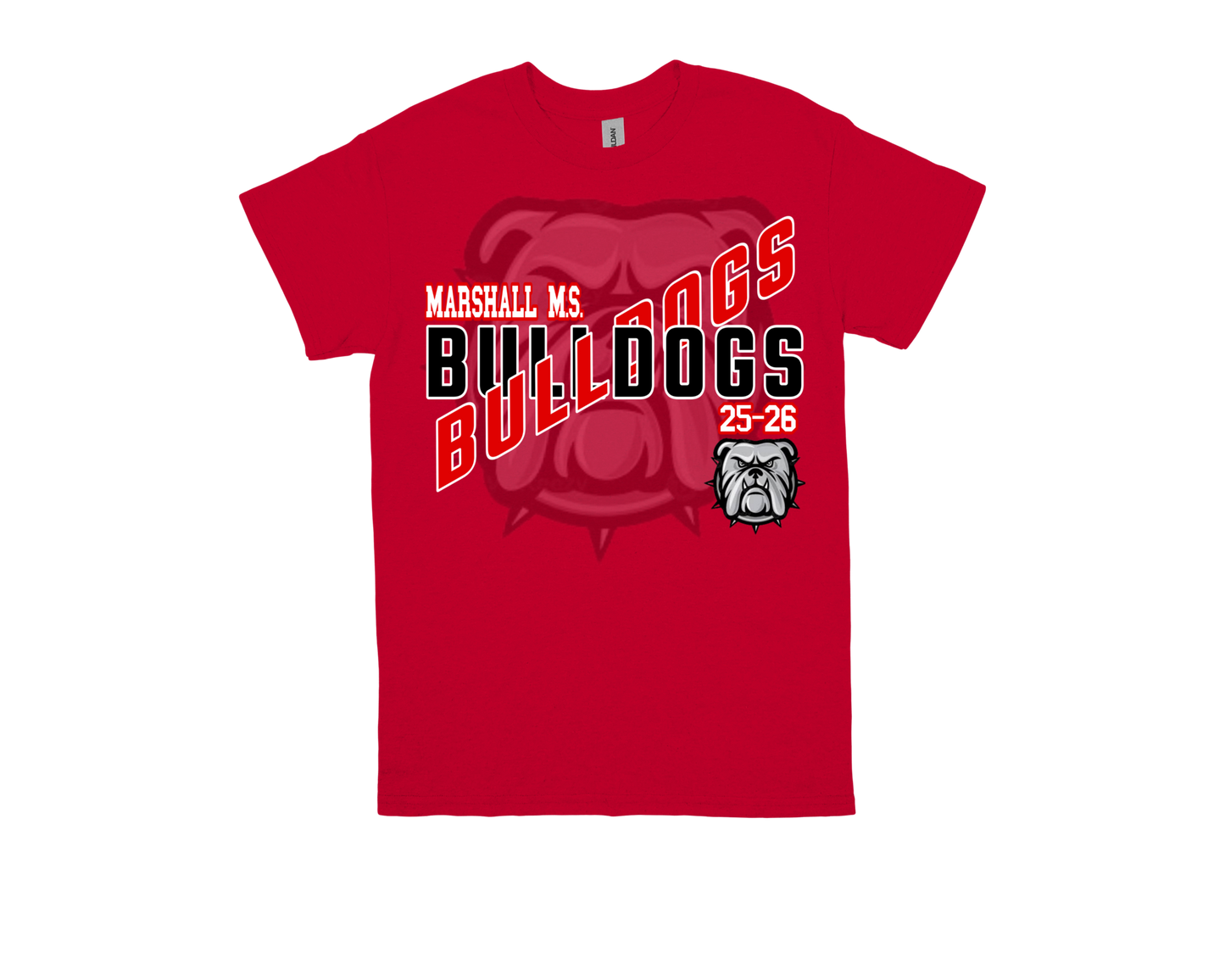 Red Marshall Bulldogs shirt with bold school spirit design and bulldog mascot logo
