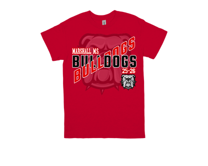 Red Marshall Bulldogs shirt with bold school spirit design and bulldog mascot logo