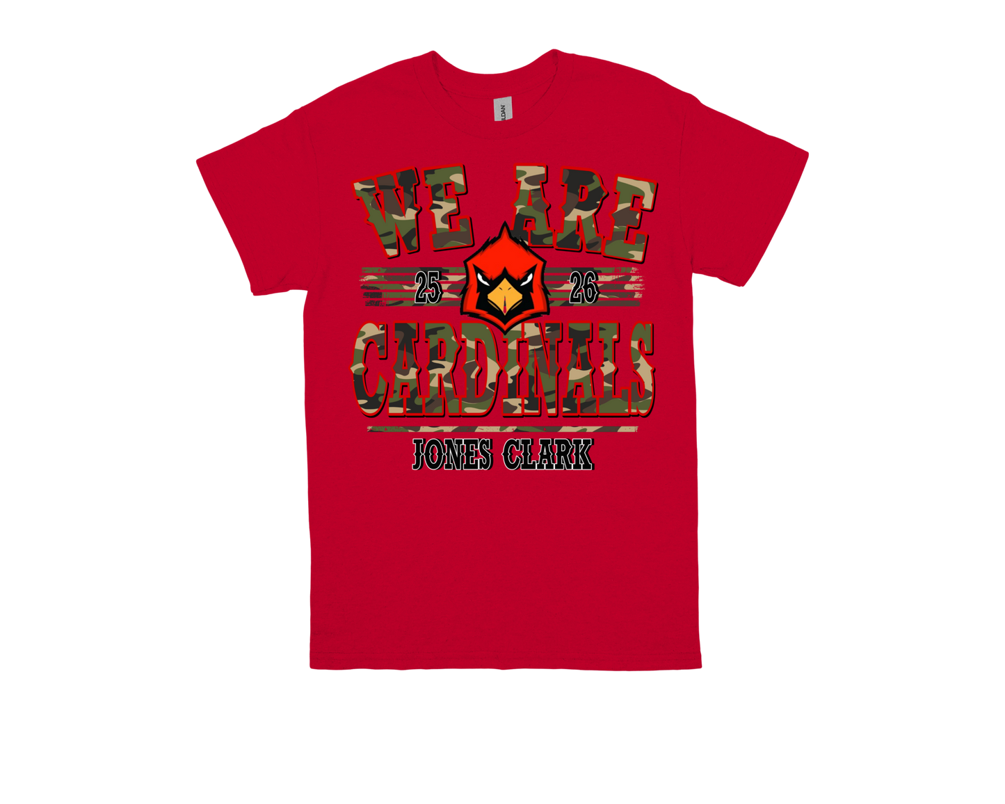 Red Jones Clark "WE ARE CARDINALS" school spirit t-shirt with cardinal logo and camouflage text design