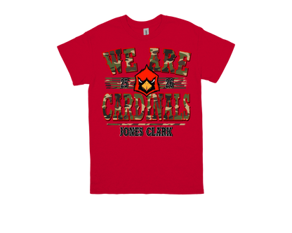 Red Jones Clark "WE ARE CARDINALS" school spirit t-shirt with cardinal logo and camouflage text design