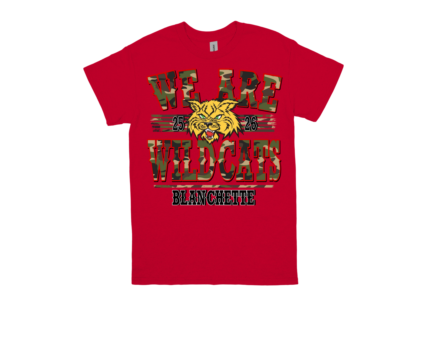 Red Blanchette WE ARE WILDCATS school spirit t-shirt with wildcat graphic and camouflage text
