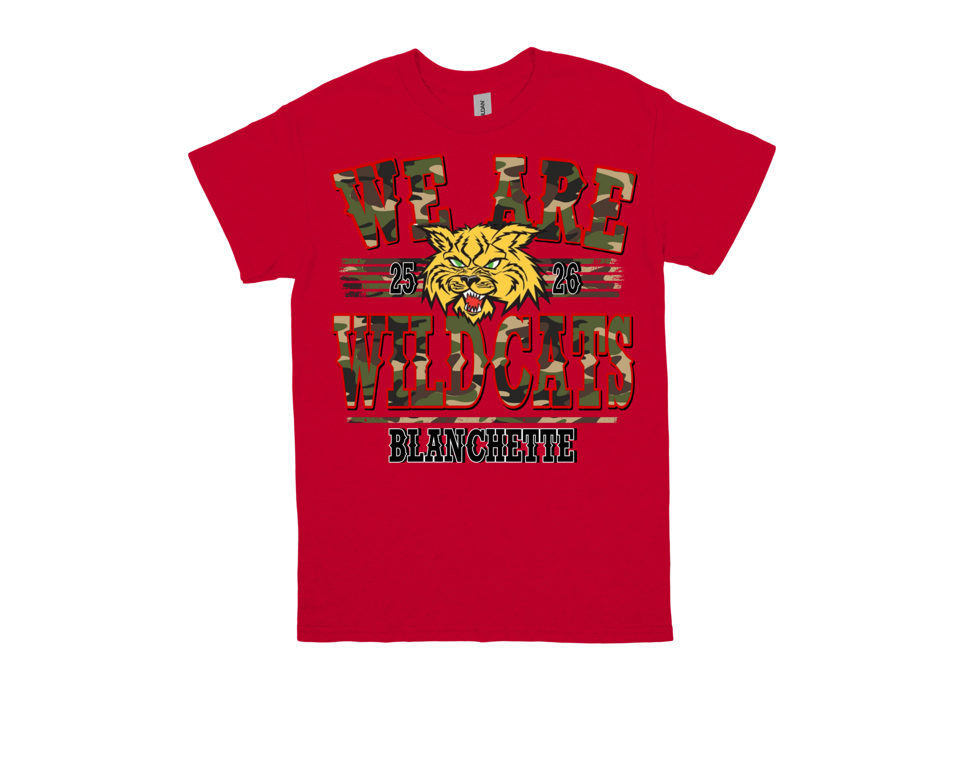 Red Blanchette WE ARE WILDCATS school spirit t-shirt with wildcat graphic and camouflage text