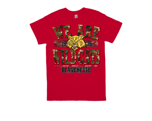 Red Blanchette WE ARE WILDCATS school spirit t-shirt with wildcat graphic and camouflage text