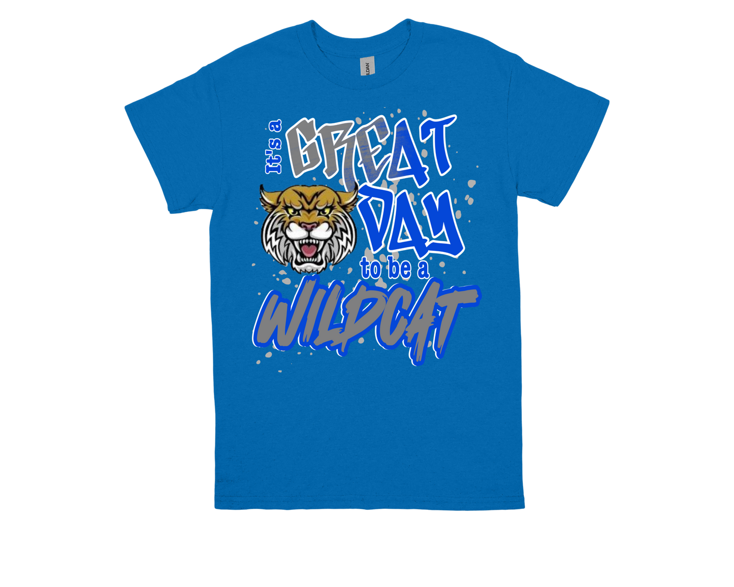 Blue ODOM "Great Day To Be A Wildcat" spirit shirt with wildcat mascot graphic and bold text design