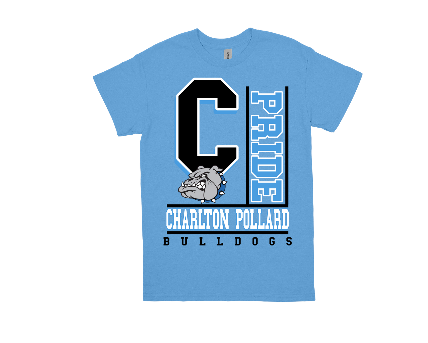 Charlton Pollard- PRIDE blue shirt with bulldog mascot and school pride text