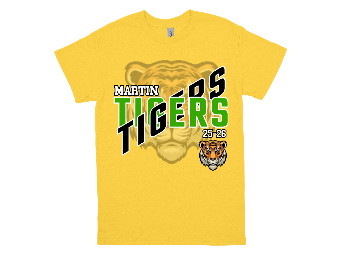 Yellow Martin-TIGERS school spirit shirt with tiger graphics and text design