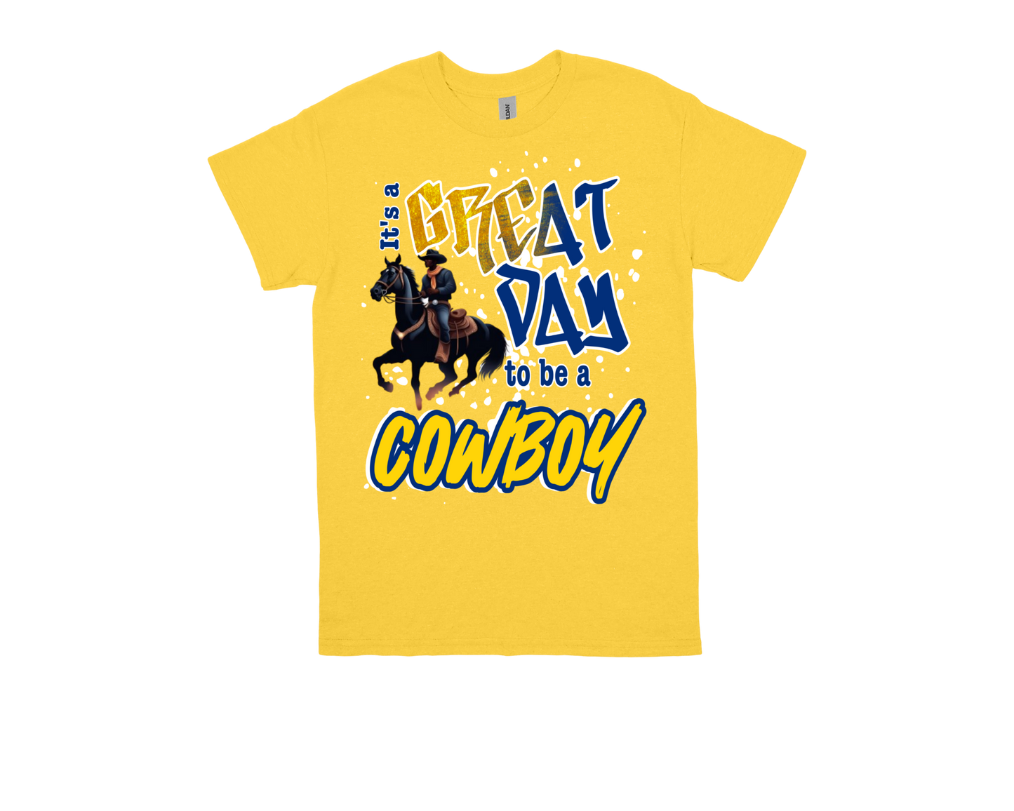 Yellow Roy Guess Great Day to Be a Cowboy graphic t-shirt with cowboy on horseback design