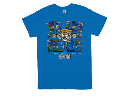 Blue ODOM We Are Wildcats school spirit T-shirt with wildcat logo and text design