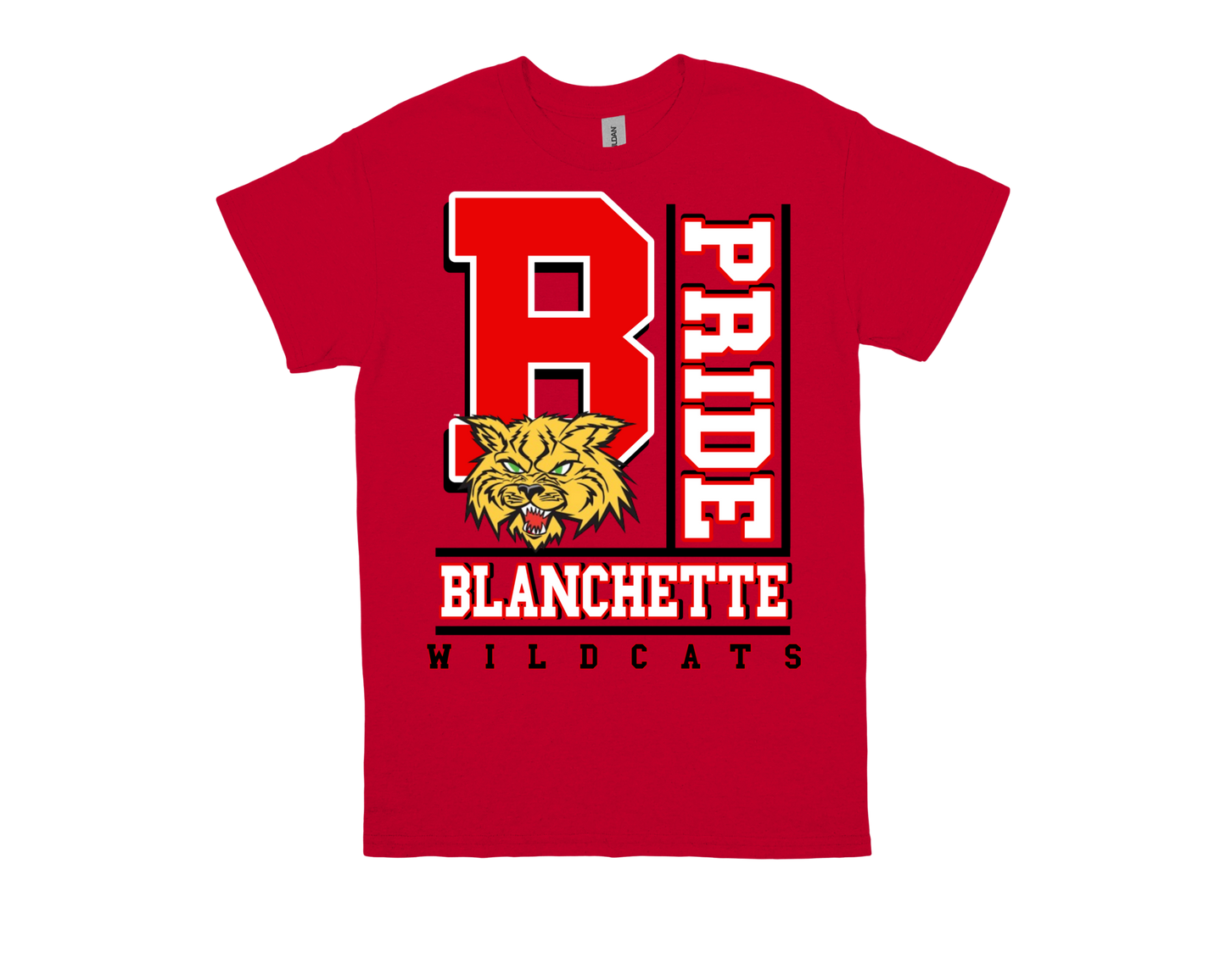 Red Blanchette-PRIDE spirit shirt with wildcat logo and bold school pride design