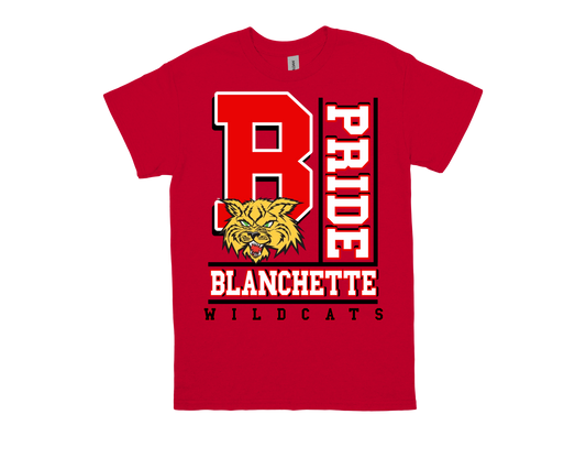 Red Blanchette-PRIDE spirit shirt with wildcat logo and bold school pride design