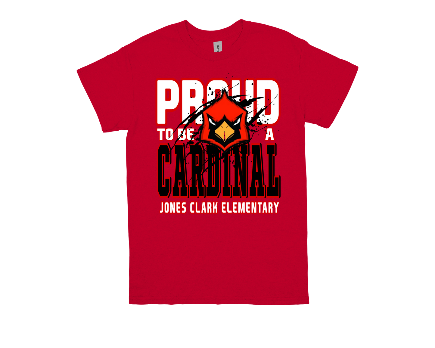 Red Jones Clark PROUD TO BE A CARDINAL t-shirt with cardinal mascot design for school pride