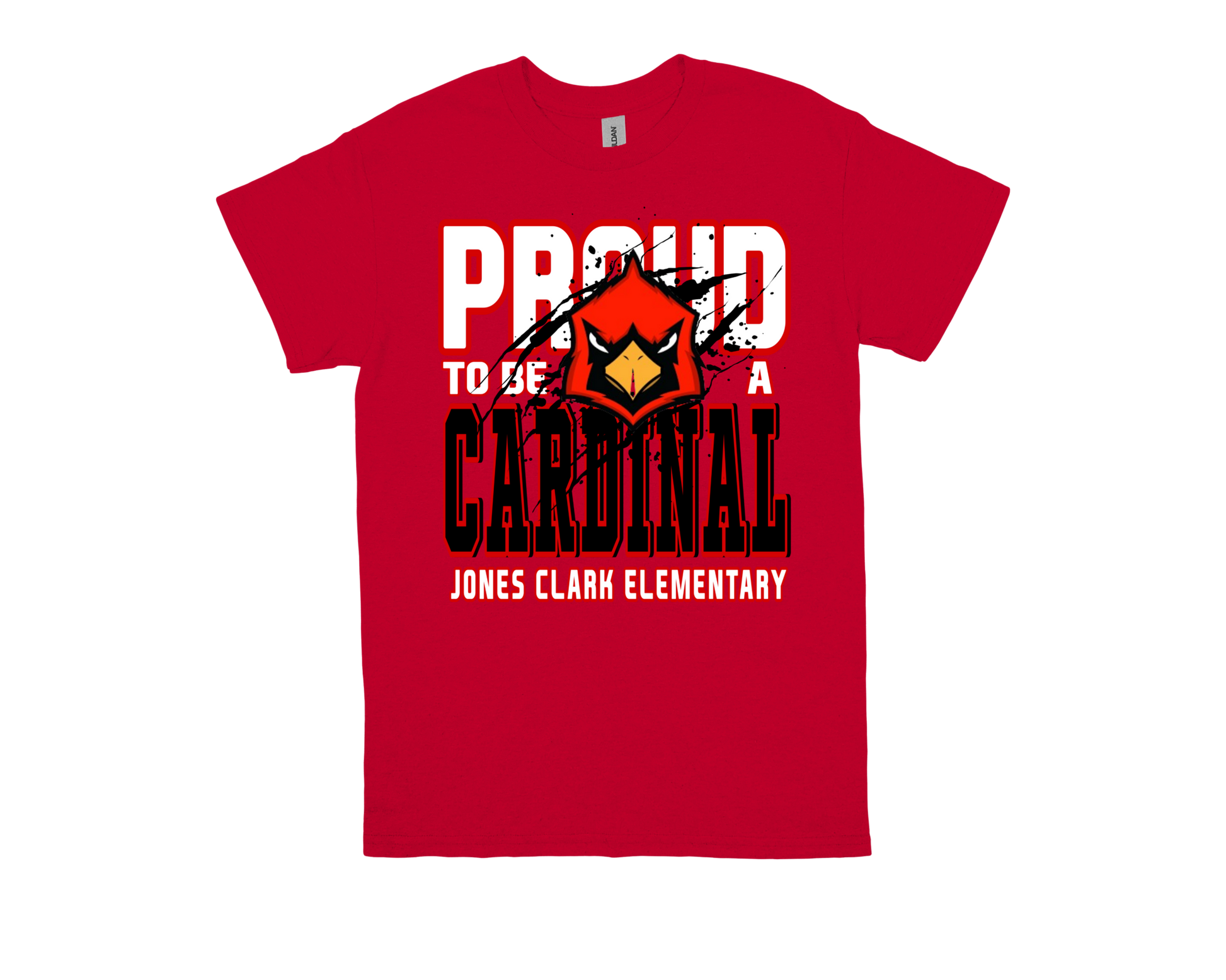 Red Jones Clark PROUD TO BE A CARDINAL t-shirt with cardinal mascot design for school pride
