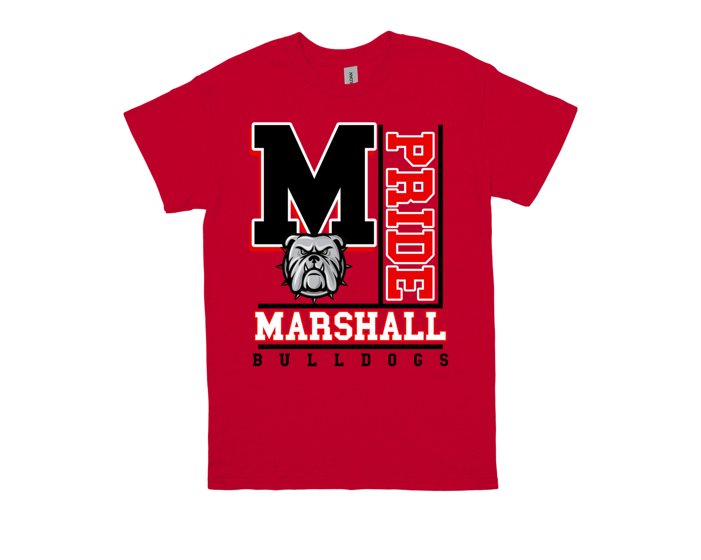 Marshall PRIDE red spirit shirt with bulldog logo and bold school pride design
