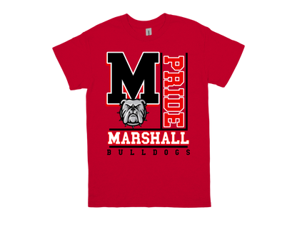 Marshall PRIDE red spirit shirt with bulldog logo and bold school pride design
