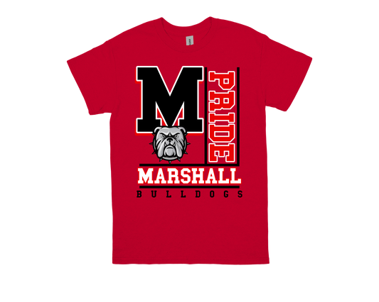 Marshall PRIDE red spirit shirt with bulldog logo and bold school pride design