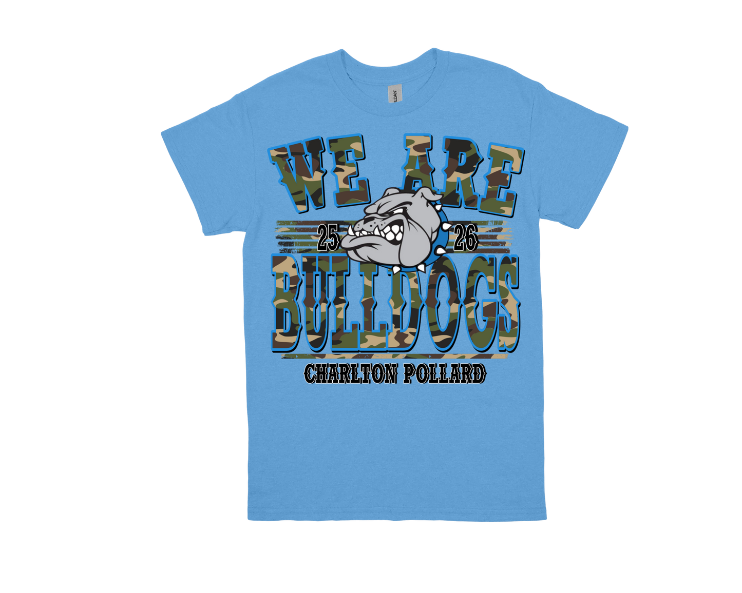 Charlton Pollard blue t-shirt with camo "WE ARE BULLDOGS" text and bulldog mascot logo