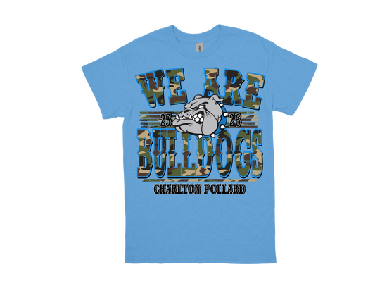 Charlton Pollard blue t-shirt with camo "WE ARE BULLDOGS" text and bulldog mascot logo