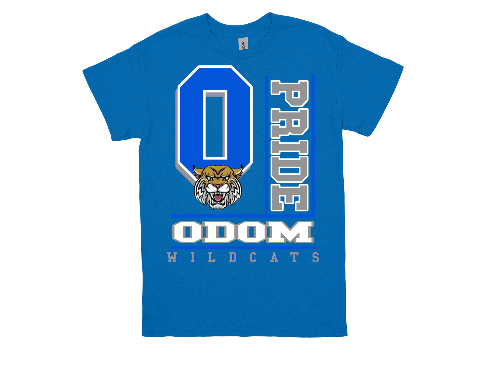 Blue ODOM- PRIDE spirit shirt with wildcat logo and bold school pride design