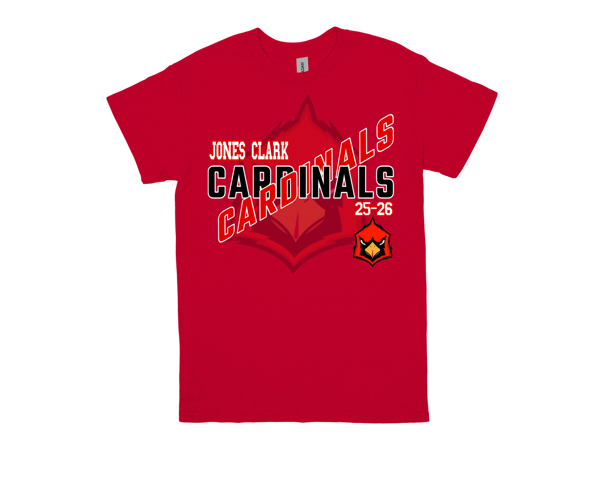 Red Jone Clark-CARDINALS school spirit shirt with team logo and bold lettering