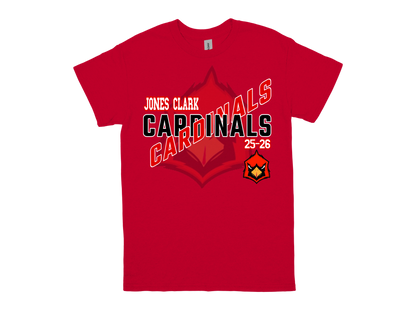 Red Jone Clark-CARDINALS school spirit shirt with team logo and bold lettering