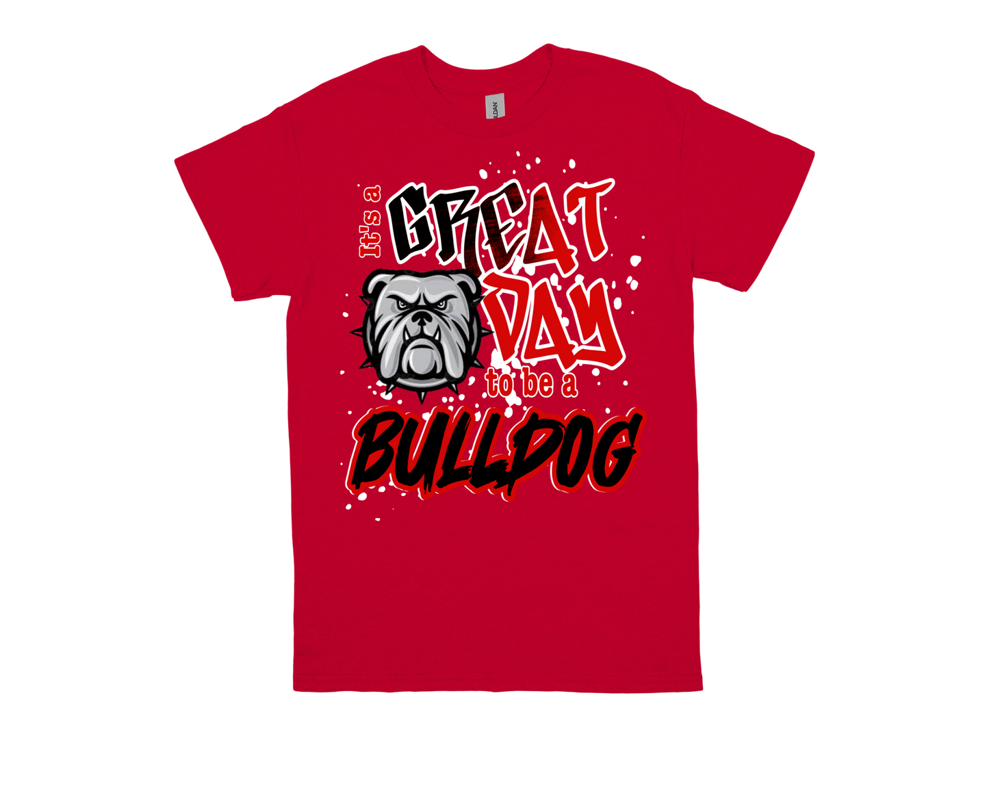 Marshall red Bulldog spirit t-shirt with "Great Day to be a Bulldog" text and bulldog graphic