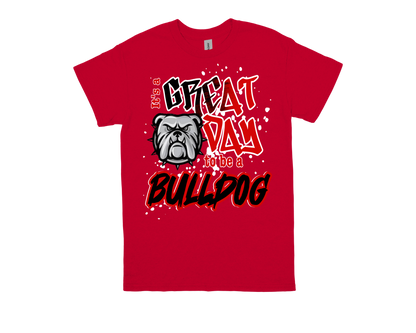 Marshall red Bulldog spirit t-shirt with "Great Day to be a Bulldog" text and bulldog graphic