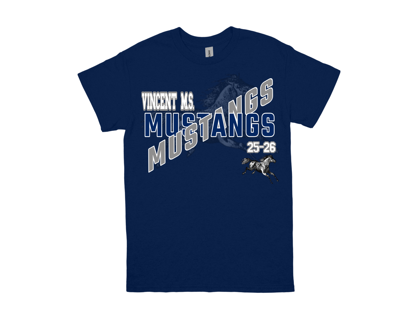 Vincent-MUSTANGS school spirit shirt navy blue with Mustang graphic and text design