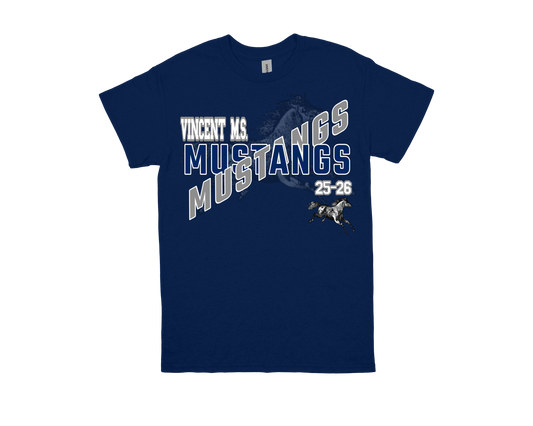 Vincent-MUSTANGS school spirit shirt navy blue with Mustang graphic and text design